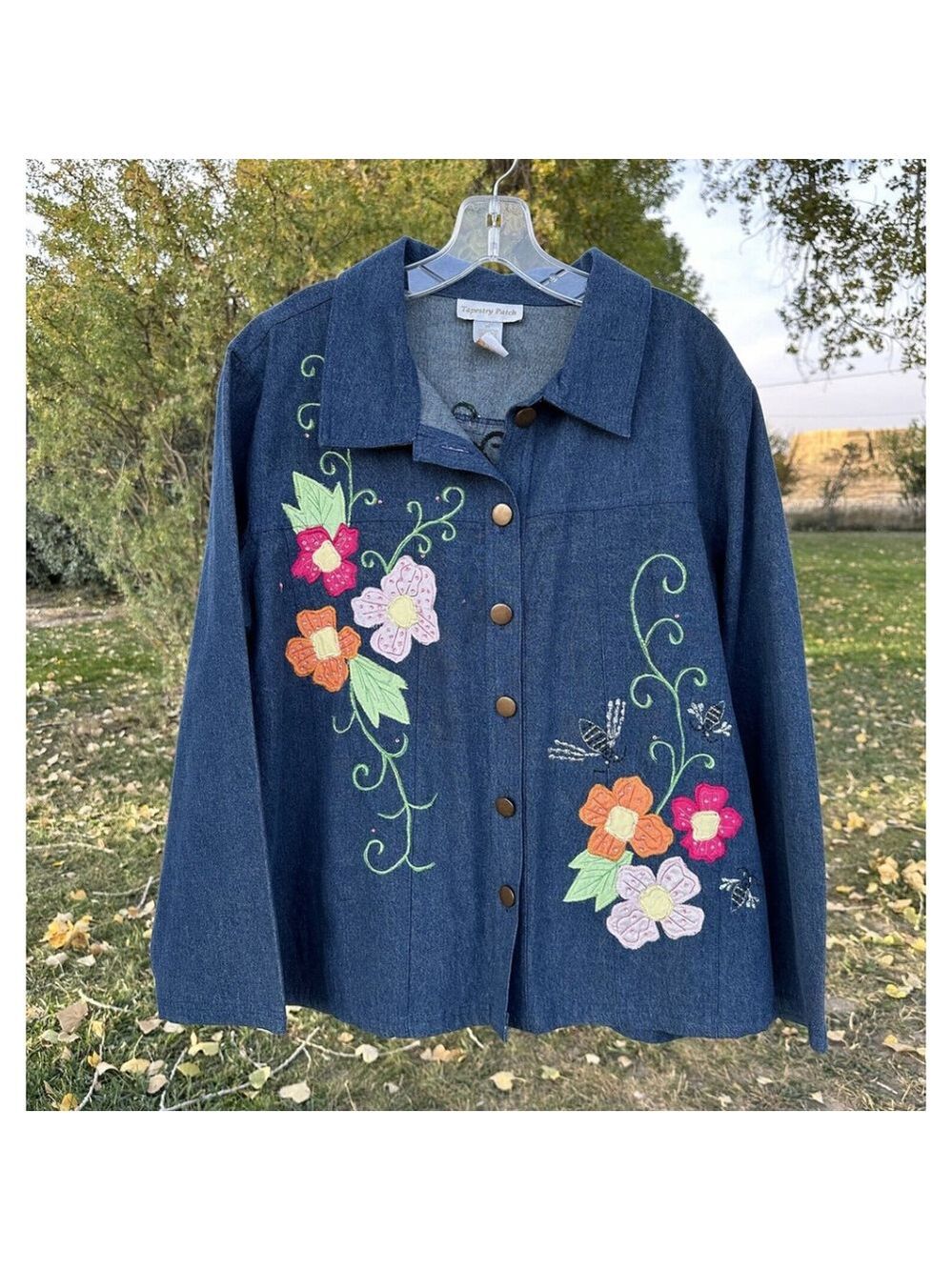 Tapestry Patch Embroidered Floral Jean Jacket Blue Denim Women’s XL Cotton